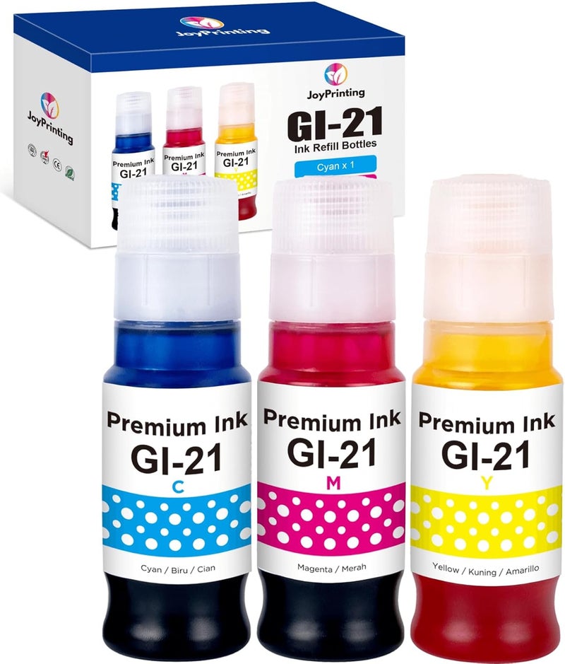 JoyPrinting GI-21 Ink Bottles Compatible for Canon GI-21 GI21 GI-21C GI-21M GI-21Y Ink Use with Canon MegaTank G3270 G3260 G4270 G3262 G2260 G1220 G1230 G2270 (Cyan, Magenta, Yellow, 3-Pack) - Image 1